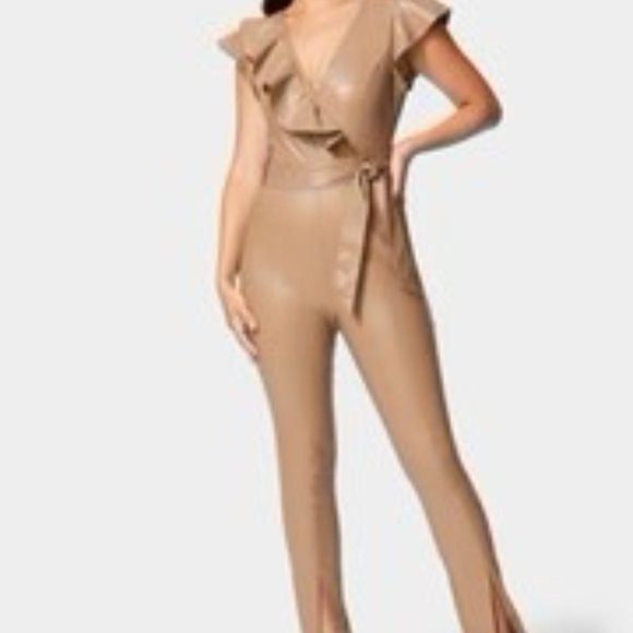 VEGAN LEATHER RUFFLE JUMPSUIT CAMEL SIZE MEDIUM & LARGE NWT - Picture 1 of 2